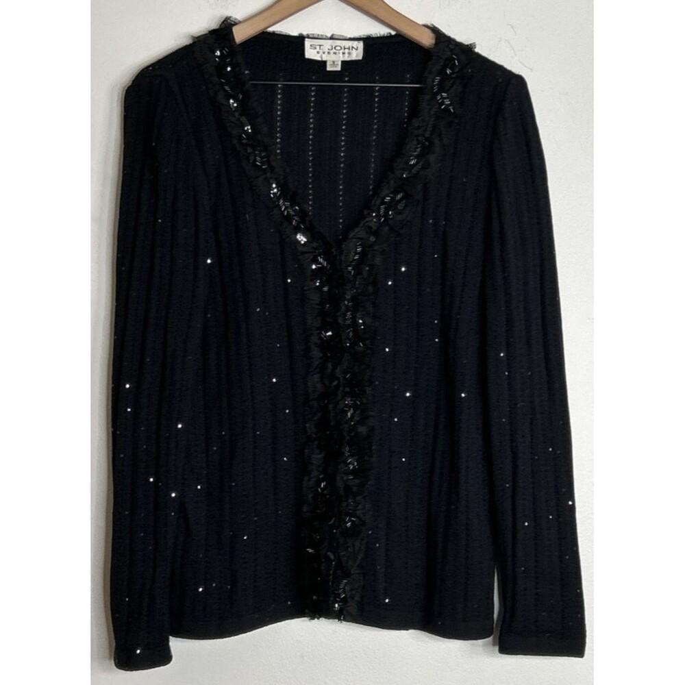 St. John Evening Cardigan sz 8 Black Knit Sequin body ruffle trim Formal glitter